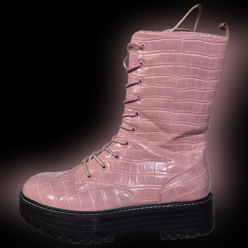 Limelight Pink Croc-Embossed Combat Boots